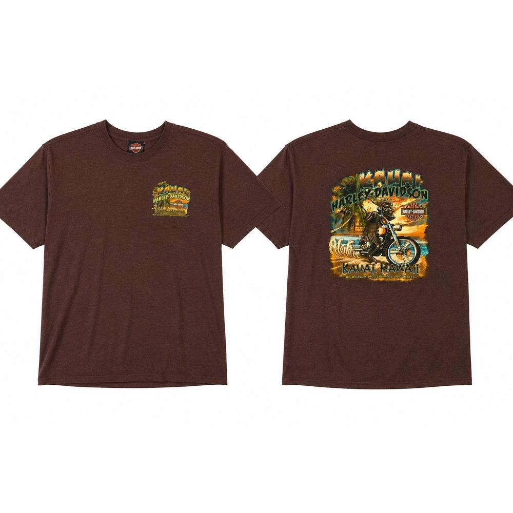 Harley-Davidson T-Shirt Mens XL Brown Kauai Hawaii Tiki Graphic‎ Biker Tee 2013